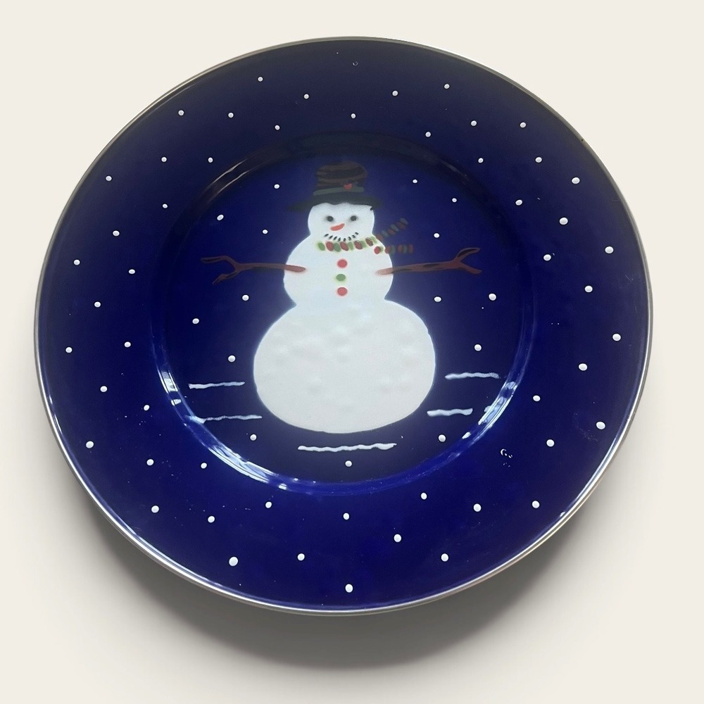 Golden Rabbit Snowman Enamelware Plate Denise S Harvey Blue Christmas 10.25in